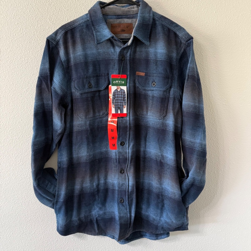 Orvis Mens Blue Plaid Flannel Cozy Button Down Cotton Rugged Shirt Medium NWT